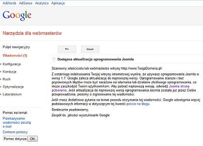 Informacja o aktualizacji Joomla Google